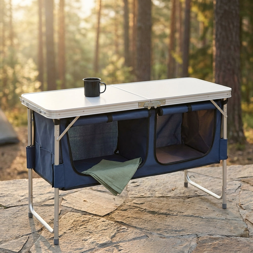 4 Ft Folding Camping Table with Storage, Camping Kitchen Station, Aluminum Portable Folding Table Camp Cook Desk with Storage Organizer and 2 Adjustable Feet, White — Studio Shot