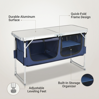 4 Ft Folding Camping Table with Storage, Camping Kitchen Station, Aluminum Portable Folding Table Camp Cook Desk with Storage Organizer and 2 Adjustable Feet, White — infographic
