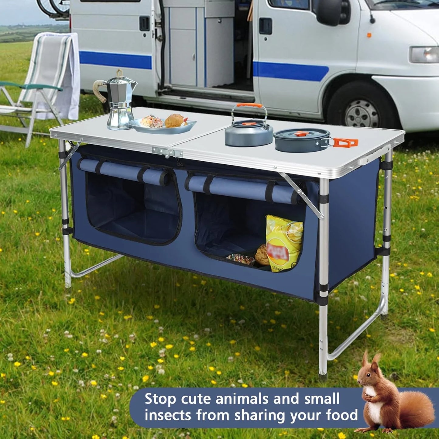 4 Ft Folding Camping Table with Storage, Camping Kitchen Station, Aluminum Portable Folding Table Camp Cook Desk with Storage Organizer and 2 Adjustable Feet, White