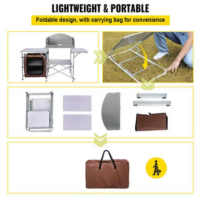 Camp Kitchen Table 2-Tier Kitchen with Zippered Bag Portable Folding Cook Table for BBQ, Party and Camping, Brown