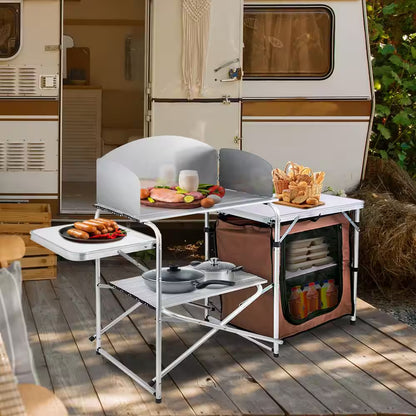 Camp Kitchen Table 2-Tier Kitchen with Zippered Bag Portable Folding Cook Table for BBQ, Party and Camping, Brown