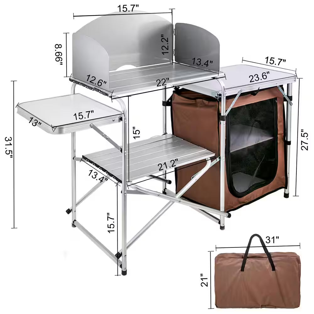 Camp Kitchen Table 2-Tier Kitchen with Zippered Bag Portable Folding Cook Table for BBQ, Party and Camping, Brown