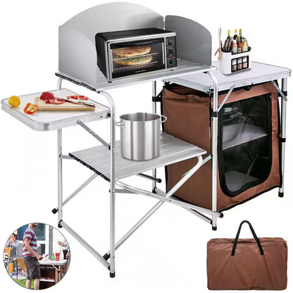 Camp Kitchen Table 2-Tier Kitchen with Zippered Bag Portable Folding Cook Table for BBQ, Party and Camping, Brown