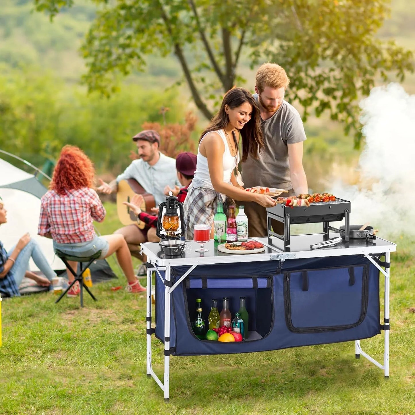 4 Ft Folding Camping Table with Storage, Camping Kitchen Station, Aluminum Portable Folding Table Camp Cook Desk with Storage Organizer and 2 Adjustable Feet, White