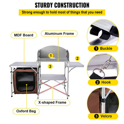 Camp Kitchen Table 2-Tier Kitchen with Zippered Bag Portable Folding Cook Table for BBQ, Party and Camping, Brown