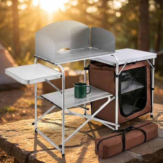 Camp Kitchen Table 2-Tier Kitchen with Zippered Bag Portable Folding Cook Table for BBQ, Party and Camping, Brown — Studio Shot